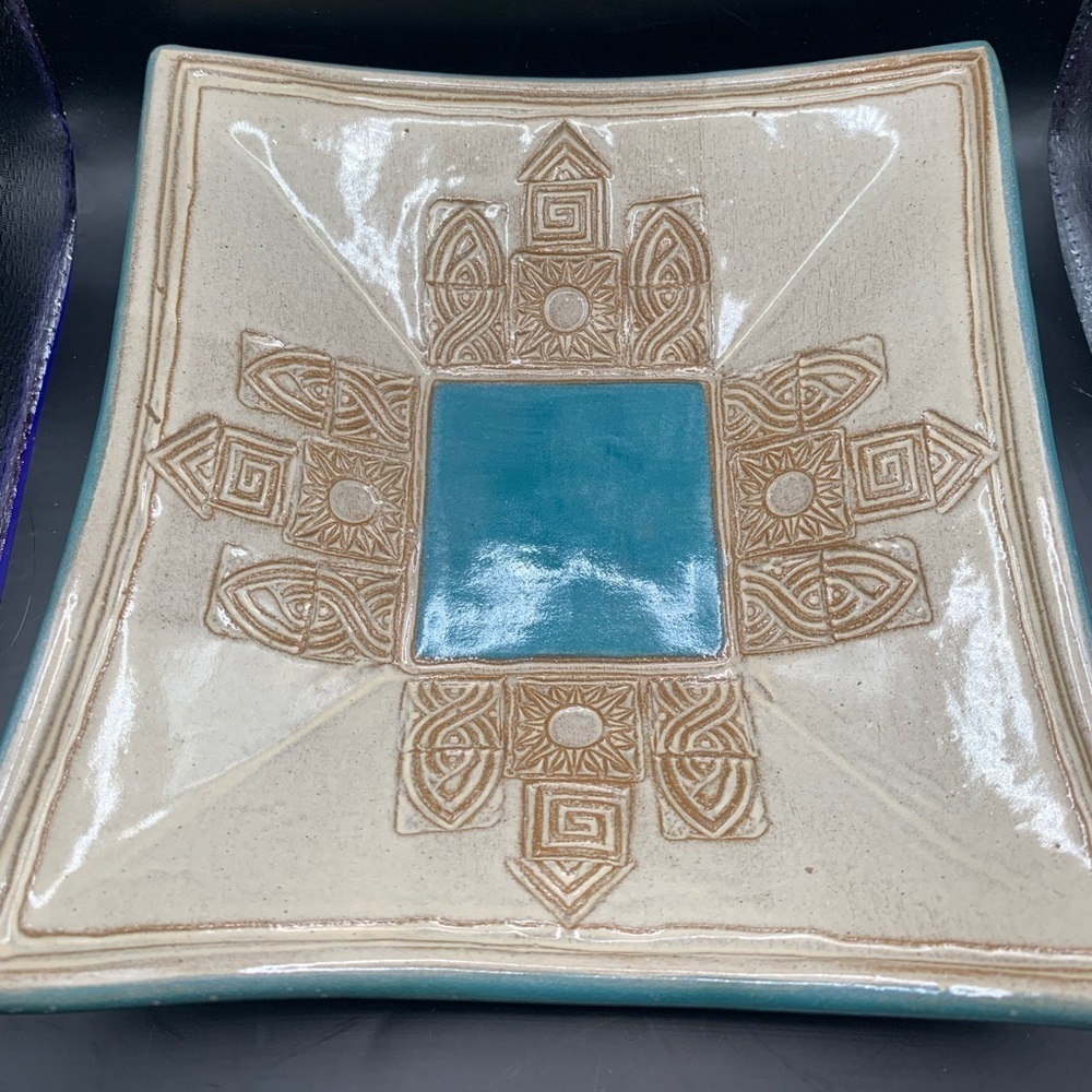 Console Dish MCM hand crafted Ceramic Turquoise w/Aztec design-has hook …